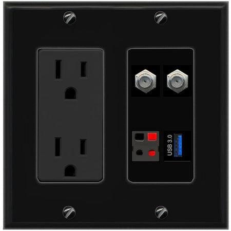 RiteAV 2 COAX SPEAKER USB-3 Wall Plate with 15A Power Outlet [Black]