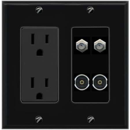 RiteAV 2 COAX 2 TOSLINK Wall Plate with 15A Power Outlet [Black]