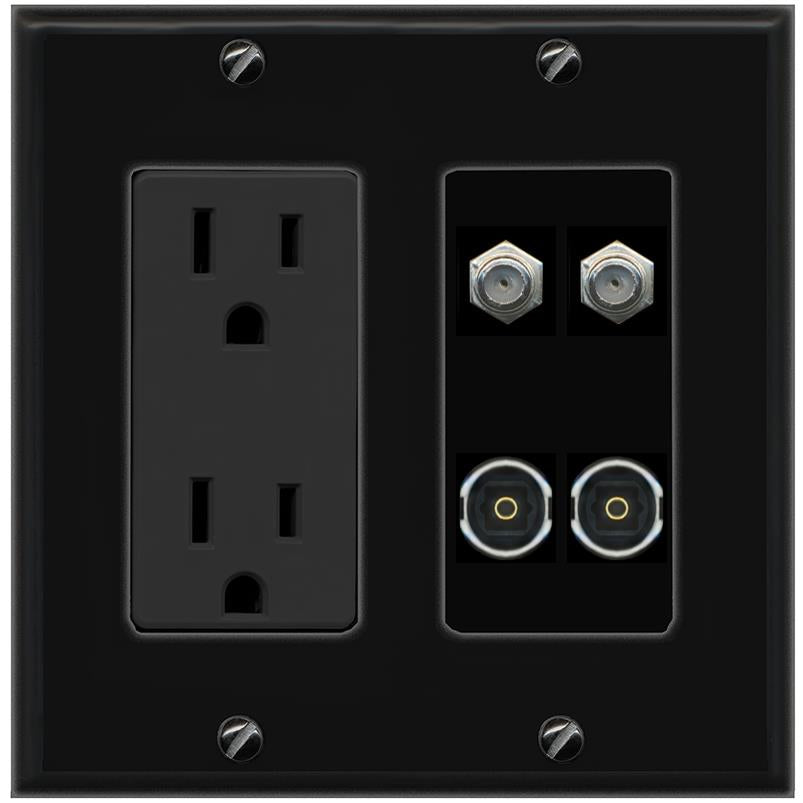 RiteAV 2 COAX 2 TOSLINK Wall Plate with 15A Power Outlet [Black]