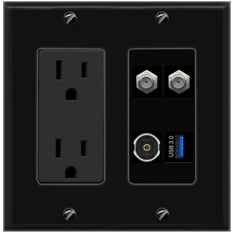 RiteAV 2 COAX TOSLINK USB-3 Wall Plate with 15A Power Outlet [Black]