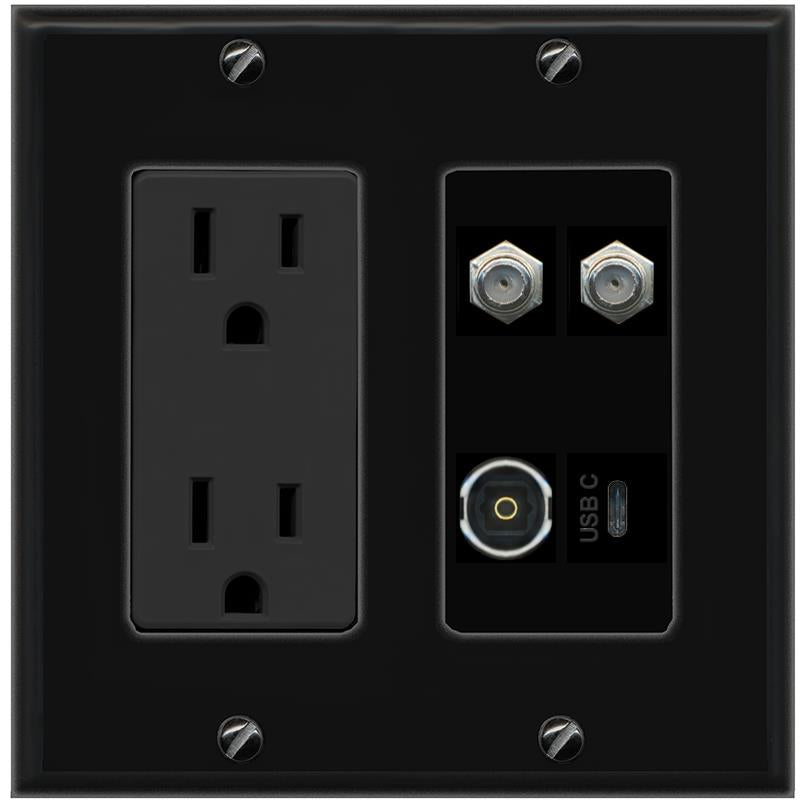 RiteAV 2 COAX TOSLINK USBC Wall Plate with 15A Power Outlet [Black]