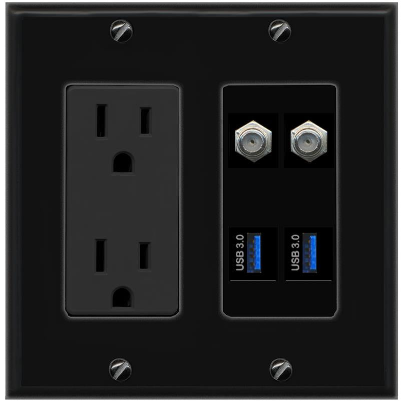 RiteAV 2 COAX 2 USB-3 Wall Plate with 15A Power Outlet [Black]