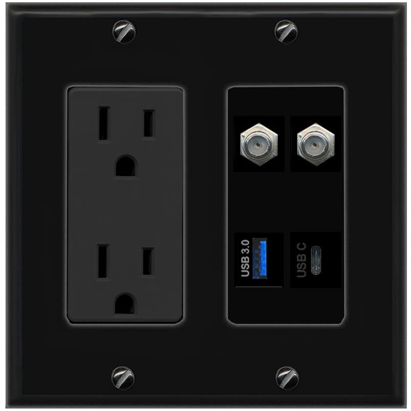 RiteAV 2 COAX USB-3 USBC Wall Plate with 15A Power Outlet [Black]