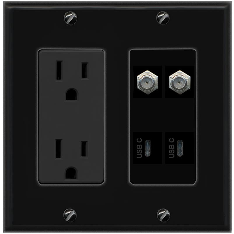 RiteAV 2 COAX 2 USBC Wall Plate with 15A Power Outlet [Black]