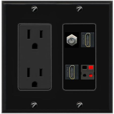 RiteAV COAX 2 HDMI SPEAKER Wall Plate with 15A Power Outlet [Black]