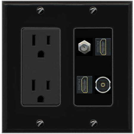 RiteAV COAX 2 HDMI TOSLINK Wall Plate with 15A Power Outlet [Black]