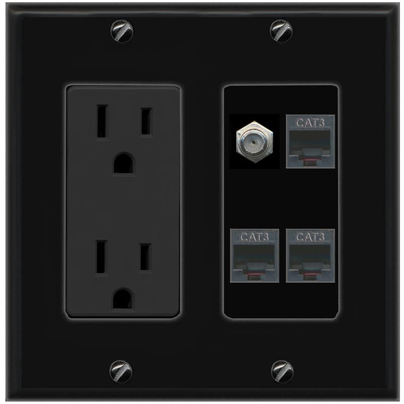 RiteAV COAX 3 PHONE Wall Plate with 15A Power Outlet [Black]