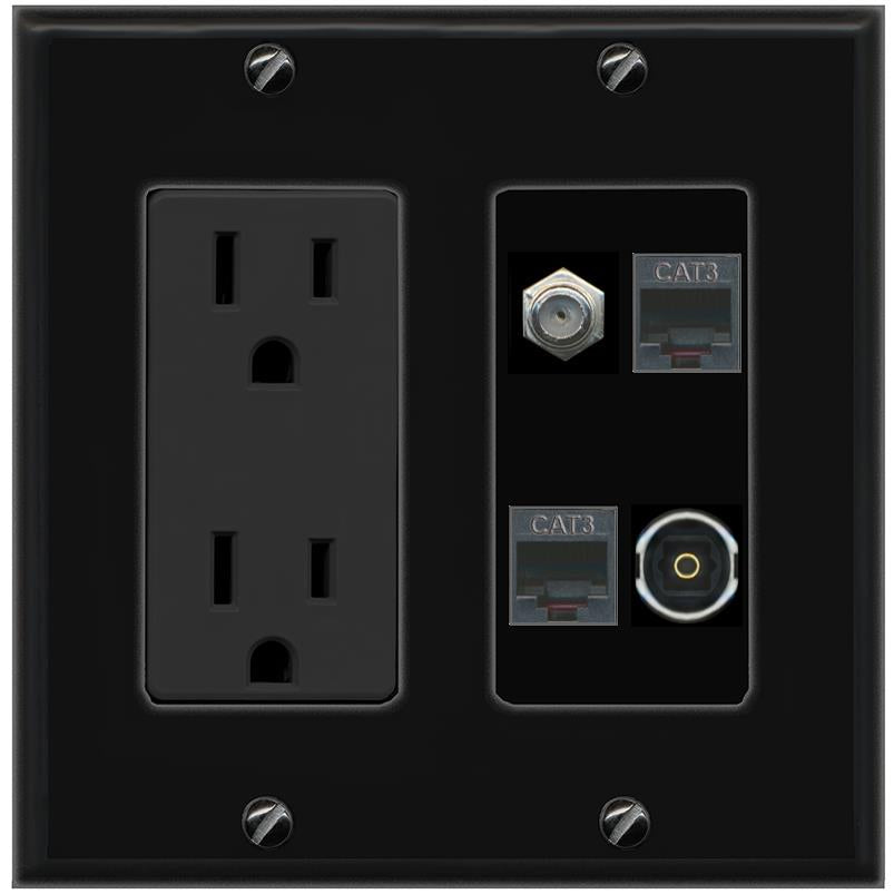 RiteAV COAX 2 PHONE TOSLINK Wall Plate with 15A Power Outlet [Black]