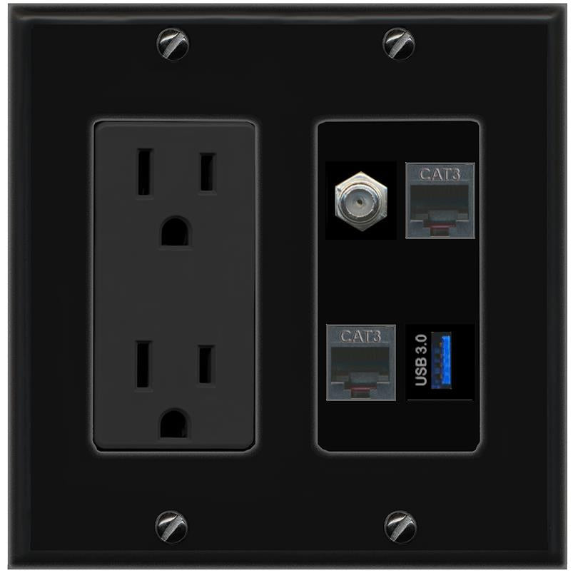 RiteAV COAX 2 PHONE USB-3 Wall Plate with 15A Power Outlet [Black]
