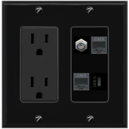 RiteAV COAX 2 PHONE USBC Wall Plate with 15A Power Outlet [Black]