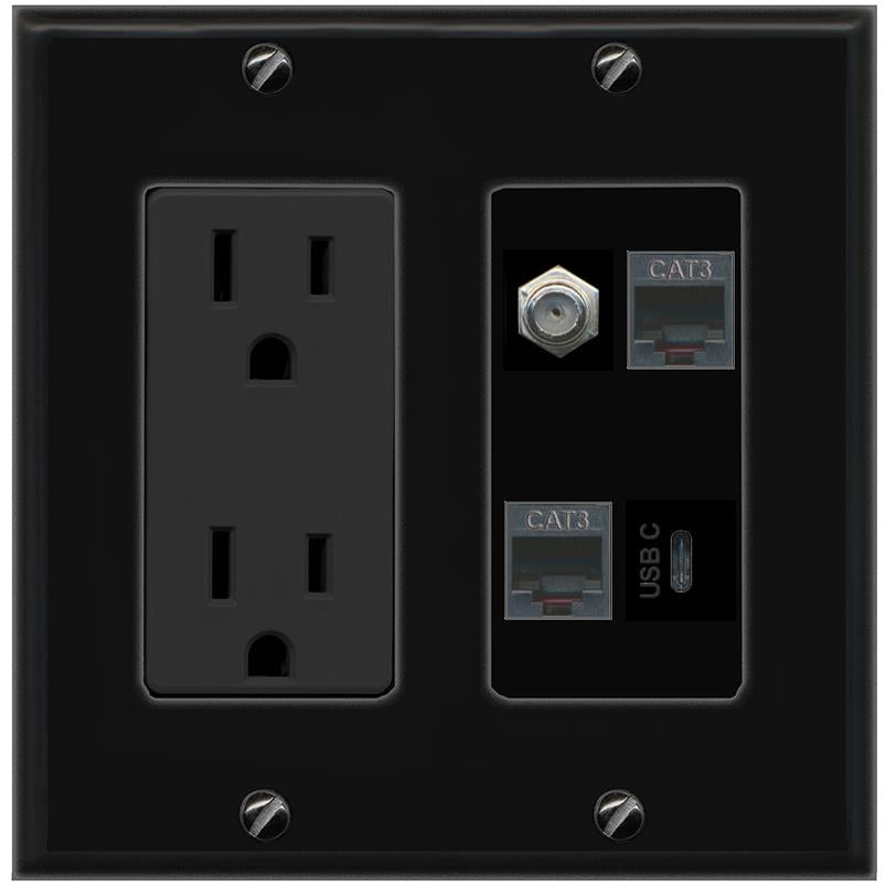 RiteAV COAX 2 PHONE USBC Wall Plate with 15A Power Outlet [Black]