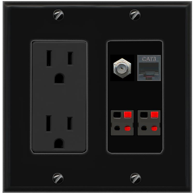 RiteAV COAX PHONE 2 SPEAKER Wall Plate with 15A Power Outlet [Black]