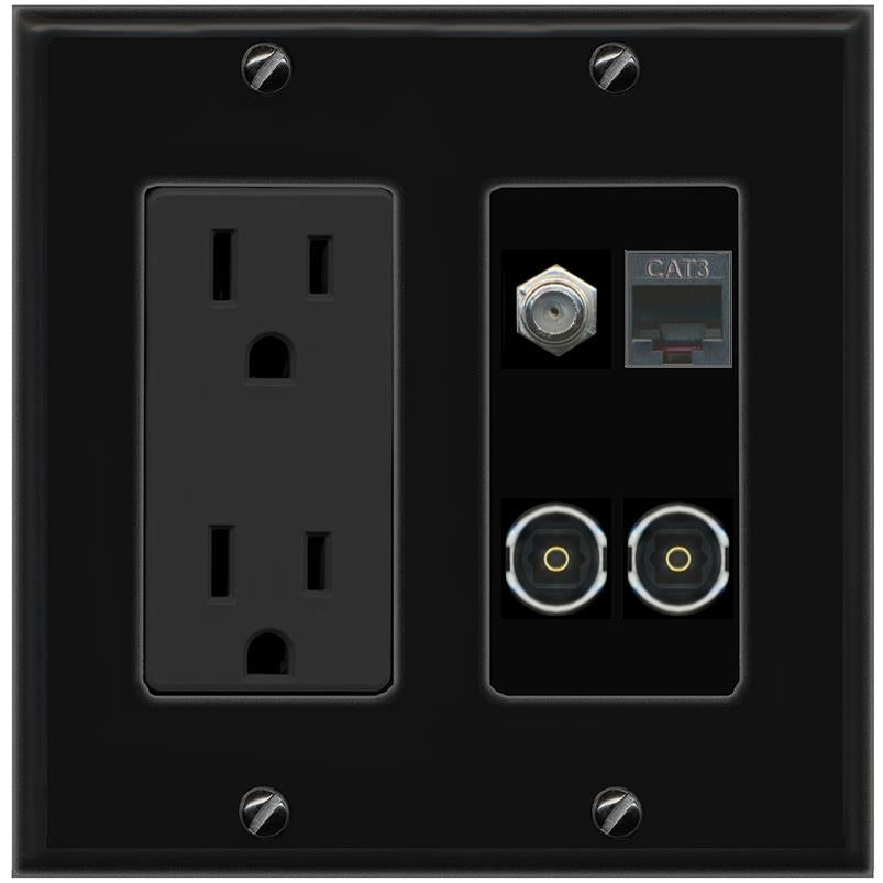RiteAV COAX PHONE 2 TOSLINK Wall Plate with 15A Power Outlet [Black]