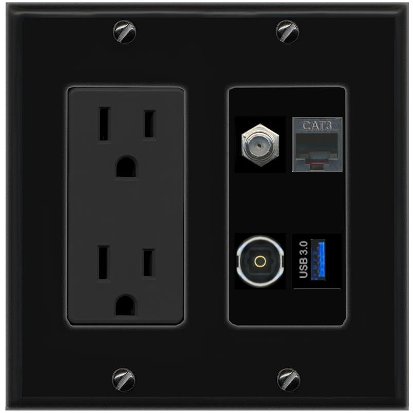 RiteAV COAX PHONE TOSLINK USB-3 Wall Plate with 15A Power Outlet [Black]
