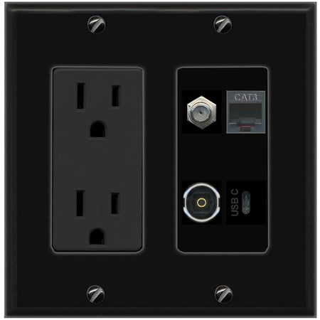 RiteAV COAX PHONE TOSLINK USBC Wall Plate with 15A Power Outlet [Black]