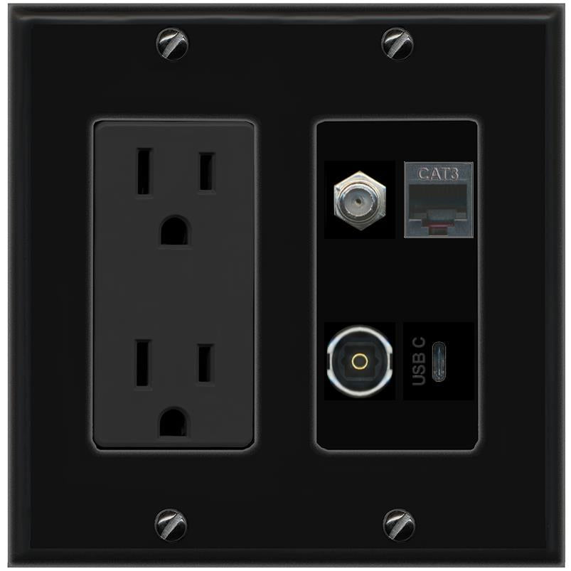 RiteAV COAX PHONE TOSLINK USBC Wall Plate with 15A Power Outlet [Black]