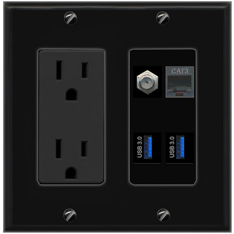 RiteAV COAX PHONE 2 USB-3 Wall Plate with 15A Power Outlet [Black]