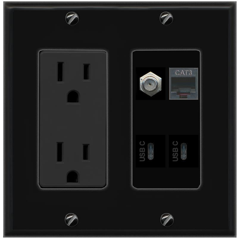 RiteAV COAX PHONE 2 USBC Wall Plate with 15A Power Outlet [Black]
