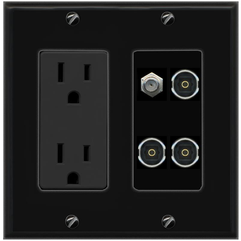 RiteAV COAX 3 TOSLINK Wall Plate with 15A Power Outlet [Black]
