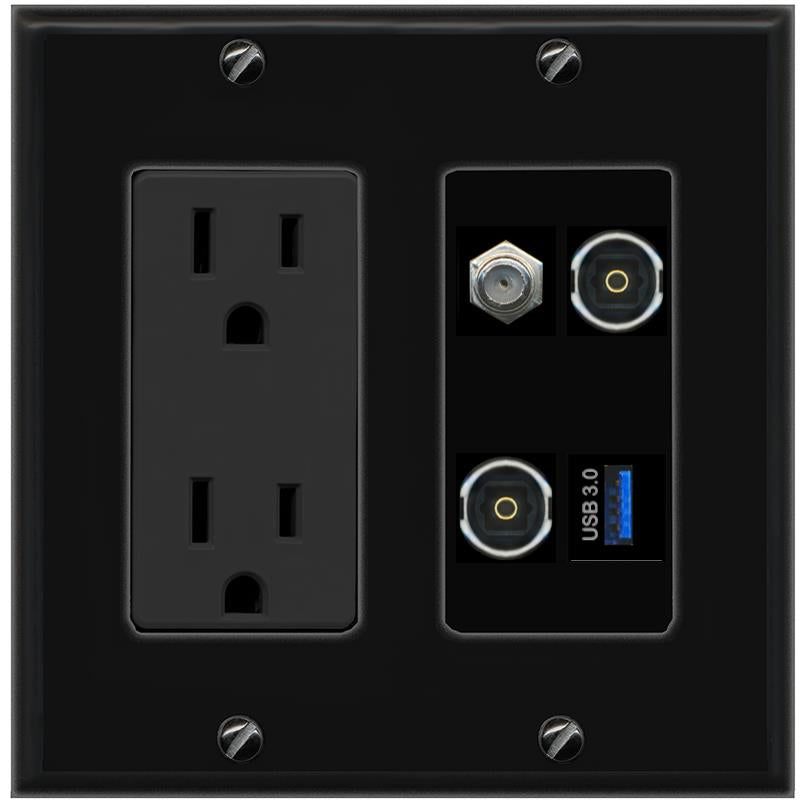 RiteAV COAX 2 TOSLINK USB-3 Wall Plate with 15A Power Outlet [Black]