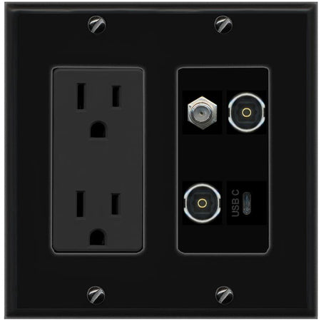 RiteAV COAX 2 TOSLINK USBC Wall Plate with 15A Power Outlet [Black]