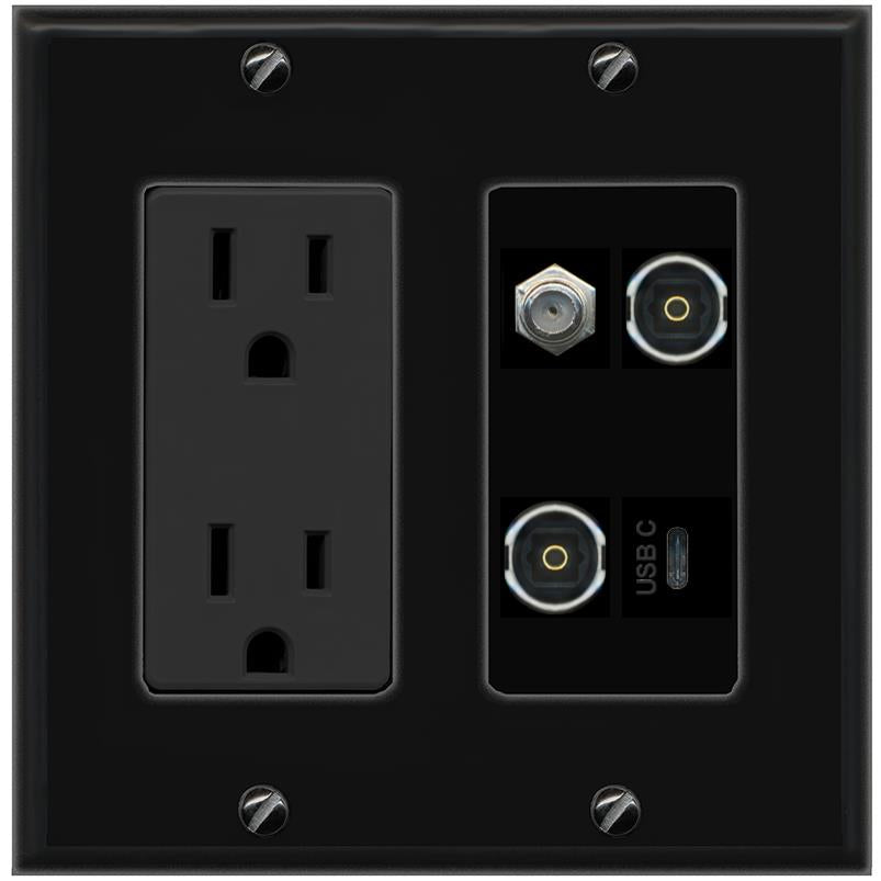 RiteAV COAX 2 TOSLINK USBC Wall Plate with 15A Power Outlet [Black]