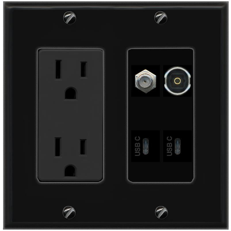 RiteAV COAX TOSLINK 2 USBC Wall Plate with 15A Power Outlet [Black]