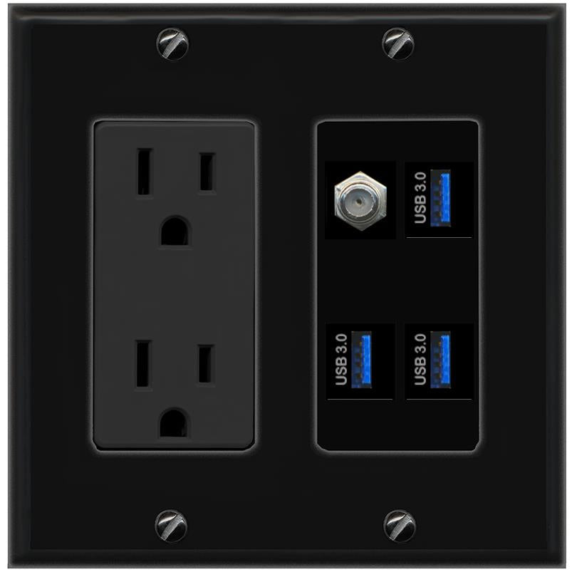 RiteAV COAX 3 USB-3 Wall Plate with 15A Power Outlet [Black]