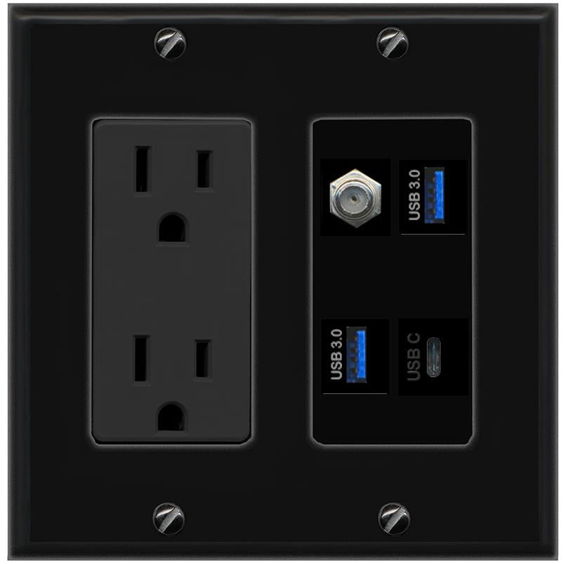 RiteAV COAX 2 USB-3 USBC Wall Plate with 15A Power Outlet [Black]
