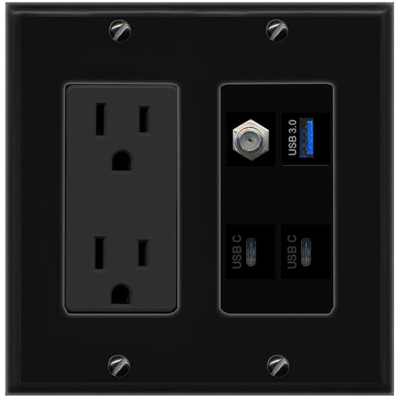 RiteAV COAX USB-3 2 USBC Wall Plate with 15A Power Outlet [Black]