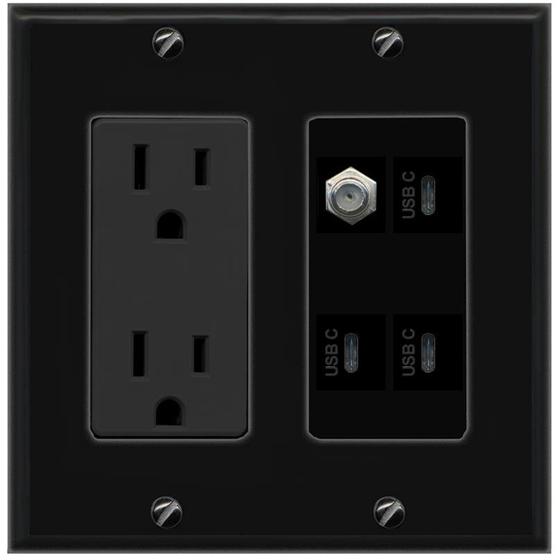 RiteAV COAX 3 USBC Wall Plate with 15A Power Outlet [Black]
