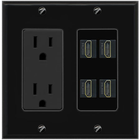 RiteAV 4 HDMI Wall Plate with 15A Power Outlet [Black]