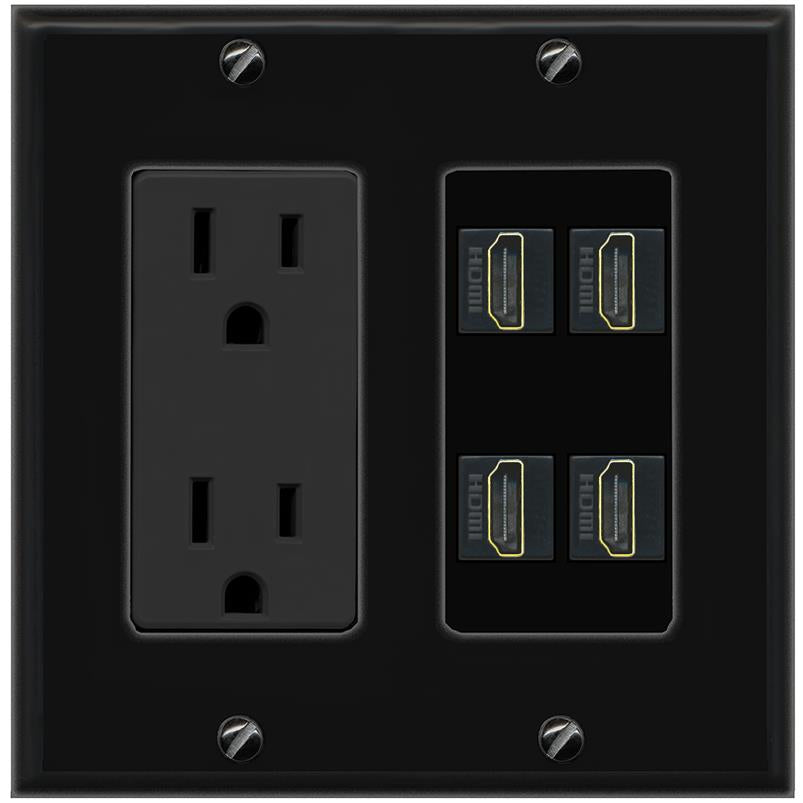 RiteAV 4 HDMI Wall Plate with 15A Power Outlet [Black]
