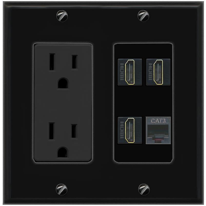 RiteAV 3 HDMI PHONE Wall Plate with 15A Power Outlet [Black]