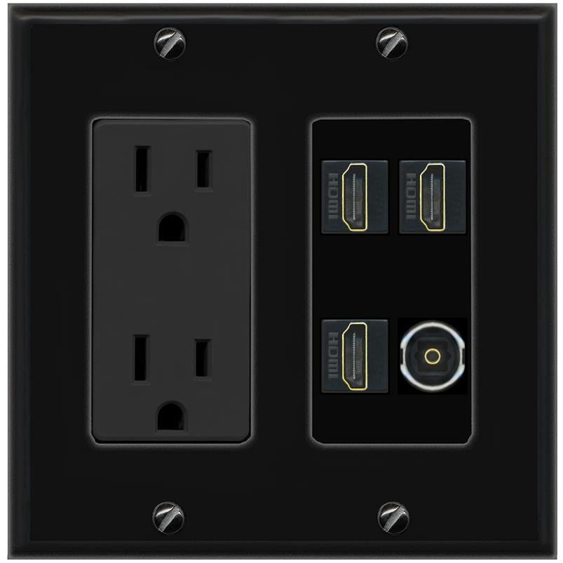 RiteAV 3 HDMI TOSLINK Wall Plate with 15A Power Outlet [Black]