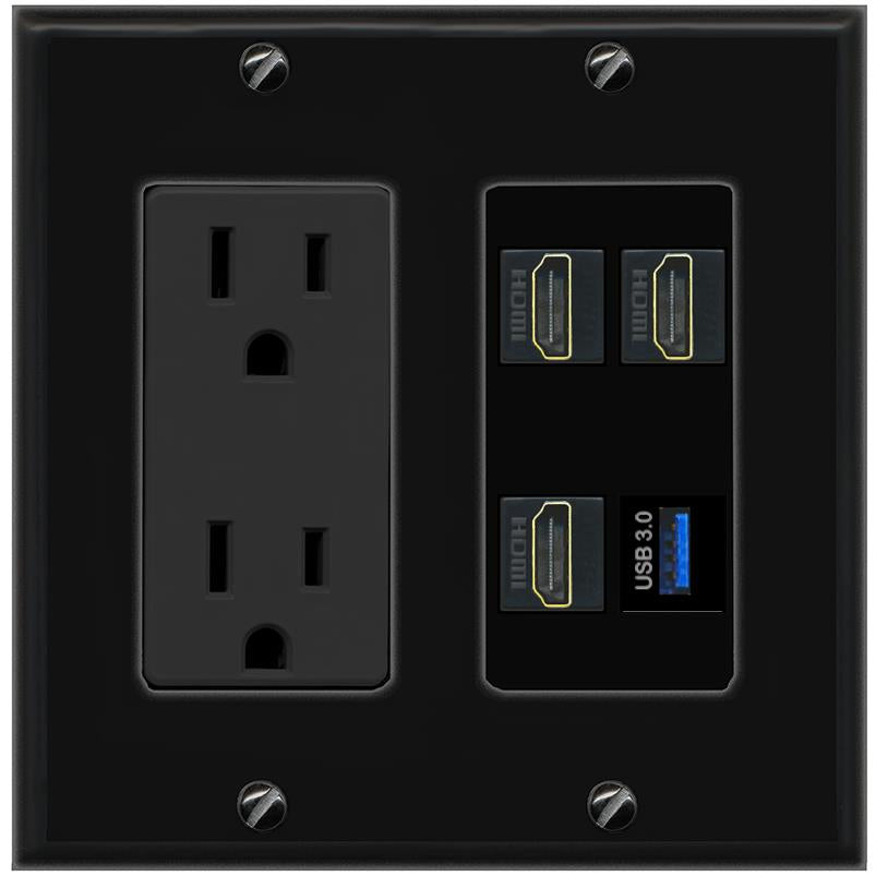 RiteAV 3 HDMI USB-3 Wall Plate with 15A Power Outlet [Black]
