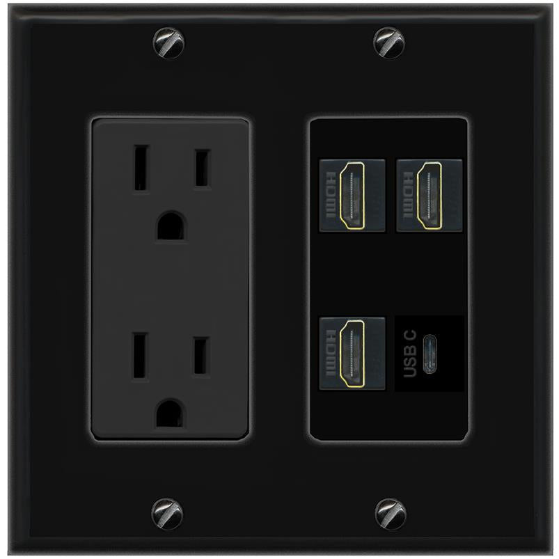 RiteAV 3 HDMI USBC Wall Plate with 15A Power Outlet [Black]