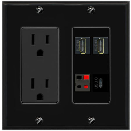 RiteAV 2 HDMI SPEAKER USBC Wall Plate with 15A Power Outlet [Black]