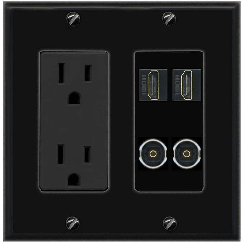 RiteAV 2 HDMI 2 TOSLINK Wall Plate with 15A Power Outlet [Black]