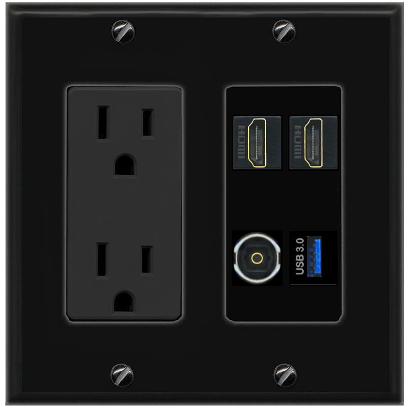 RiteAV 2 HDMI TOSLINK USB-3 Wall Plate with 15A Power Outlet [Black]
