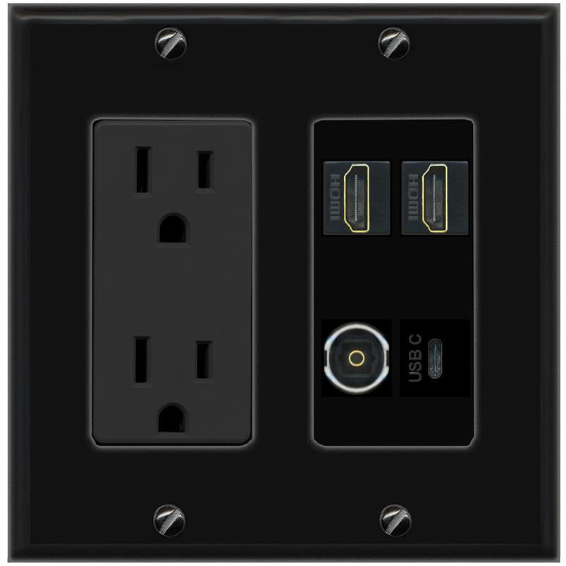 RiteAV 2 HDMI TOSLINK USBC Wall Plate with 15A Power Outlet [Black]