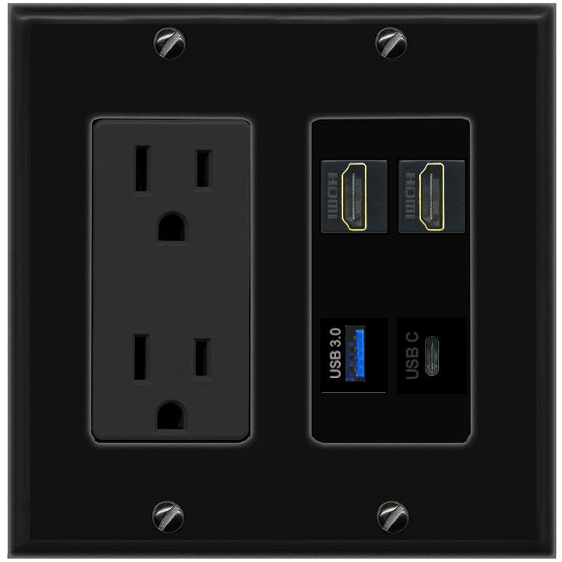 RiteAV 2 HDMI USB-3 USBC Wall Plate with 15A Power Outlet [Black]