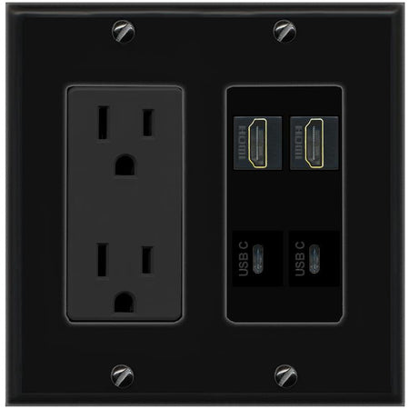 RiteAV 2 HDMI 2 USBC Wall Plate with 15A Power Outlet [Black]