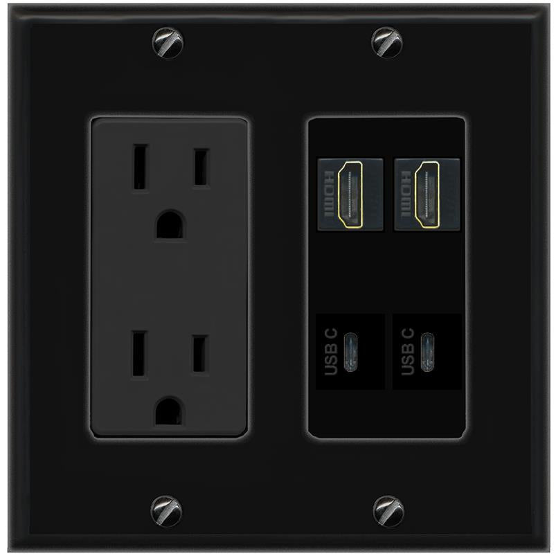 RiteAV 2 HDMI 2 USBC Wall Plate with 15A Power Outlet [Black]