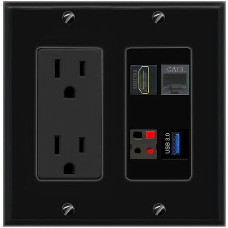RiteAV HDMI PHONE SPEAKER USB-3 Wall Plate with 15A Power Outlet [Black]