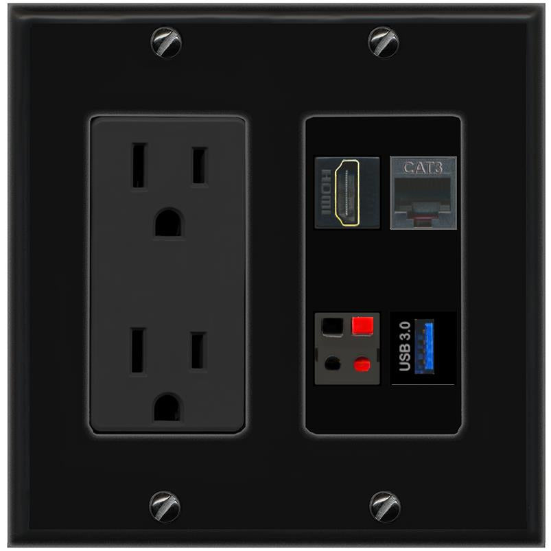 RiteAV HDMI PHONE SPEAKER USB-3 Wall Plate with 15A Power Outlet [Black]