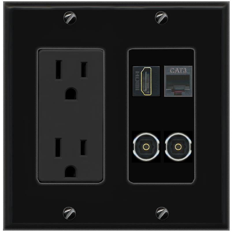 RiteAV HDMI PHONE 2 TOSLINK Wall Plate with 15A Power Outlet [Black]
