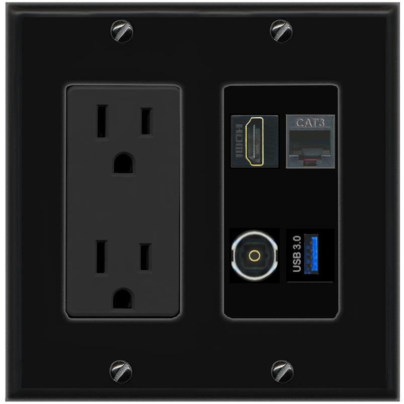 RiteAV HDMI PHONE TOSLINK USB-3 Wall Plate with 15A Power Outlet [Black]