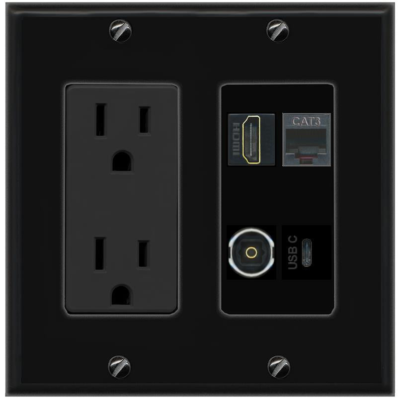 RiteAV HDMI PHONE TOSLINK USBC Wall Plate with 15A Power Outlet [Black]