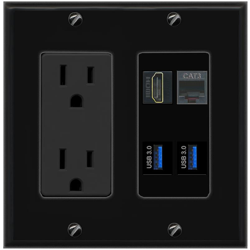 RiteAV HDMI PHONE 2 USB-3 Wall Plate with 15A Power Outlet [Black]